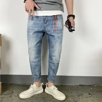 

2020 Spring And Summer New Youth Popular Solid Color Slim Large Size Washed Jeans Fashion Casual Wild Harem Pants Blue