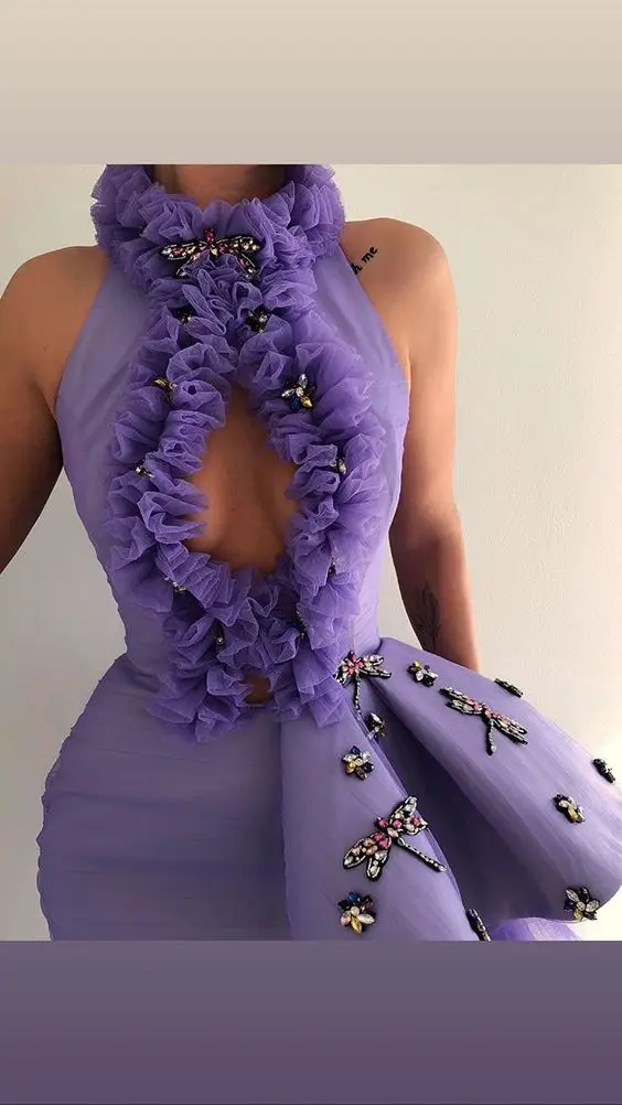 Драматические фиолетовые платья для выпускного вечера Русалка с высоким вырезом-замочком и оборками, уникальное вечернее платье, платье de soiree Abendkleider
