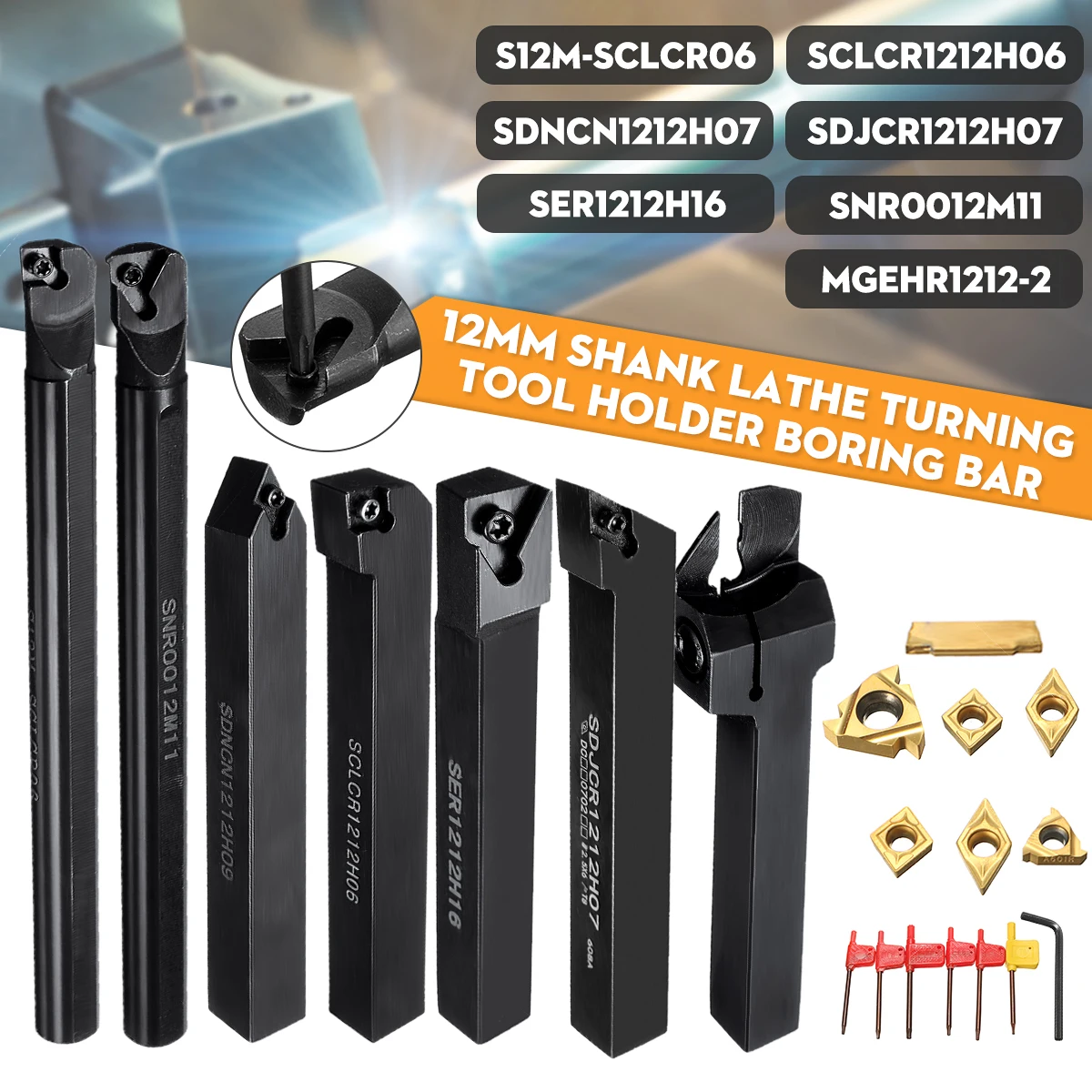 Machifit 7pcs 12mm Shank Lathe Boring Bar Turning Tool Holder Set with Carbide Inserts