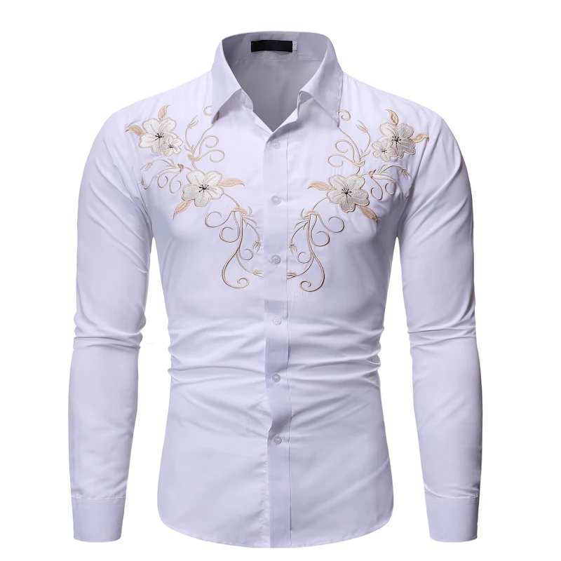 Мужская Повседневная модная рубашка с длинным рукавом, мужская рубашка с вышитыми цветами, приталенная Повседневная рубашка, размер США - Цвет: white