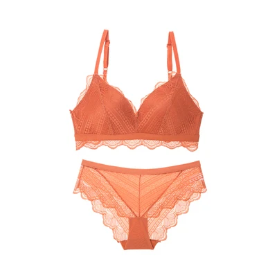 Красивый тонкий бюстгальтер пуш-ап и комплект трусов, сексуальный кружевной бюстгальтер без косточек, комплекты нижнего белья, бесшовные комфортные комплекты женского нижнего белья черного цвета - Цвет: Orange With Panties