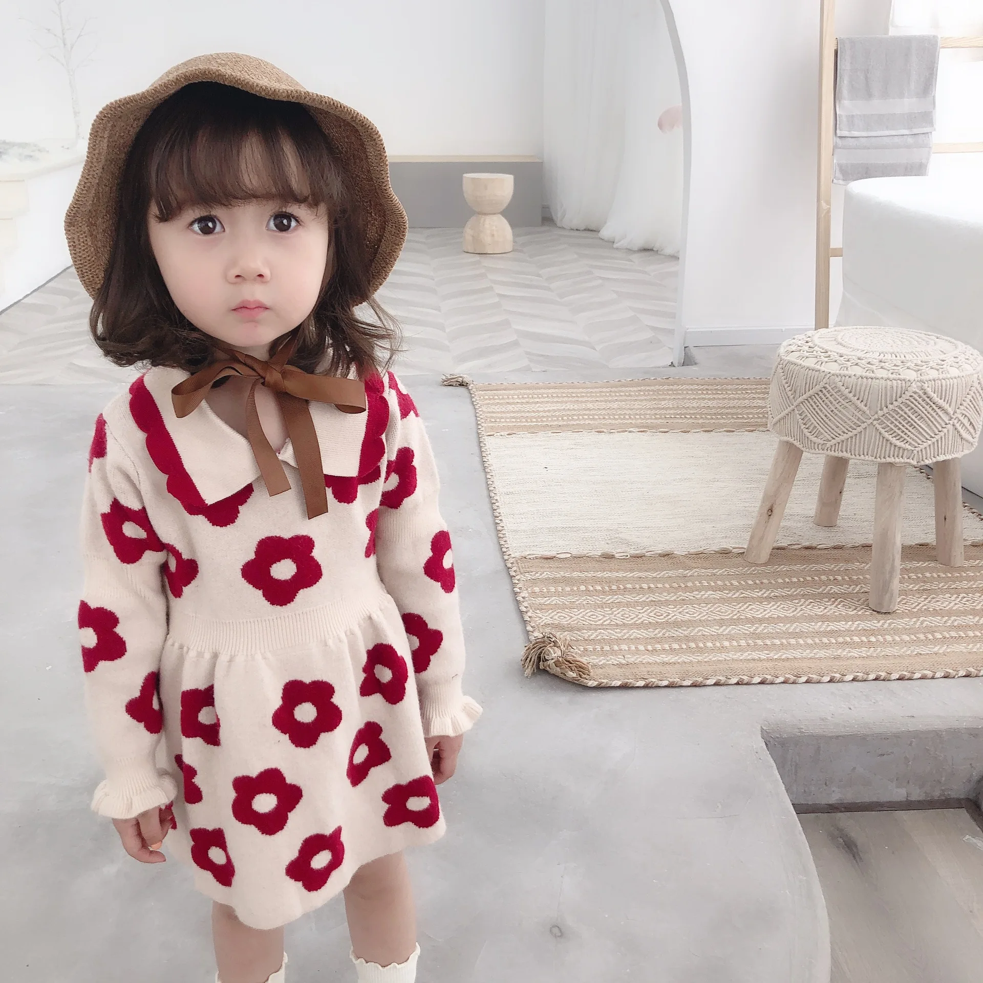 Ukeybaby2019, осенний и зимний свитер, платье с цветочным рисунком для девочек, Детский свитер, платье для женщин - Color: White Bottom