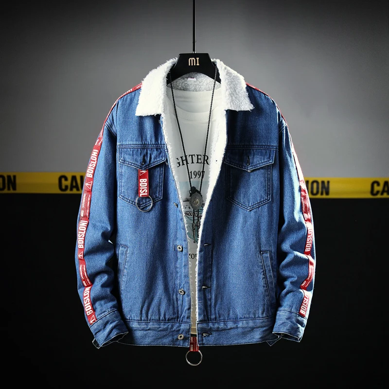 

British Winter Fashion Men Jacket Ribbons Spliced Designer Thick Warm Denim Jackets Hip Hop Bomber Jackets Men Velvet Coats