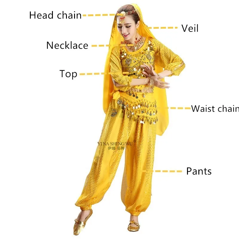 Yellow 6pcs Women Belly Dance professional Indian Oriental bellydance Bollywood costume set costumes ladies Sari Dancing Performance Stage - Цвет: Yellow 6pcs