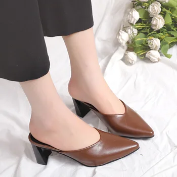 

2020 Spring New Style Outer Wear Chunky-Heel Closed-toe ban tuo xie Women's INS Fashion Fairy High-Heel Elegant Slippers Women's