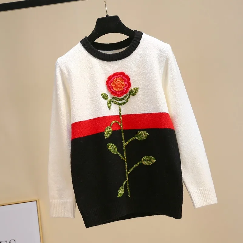 Neploe Fashion High Street Sweater Winter Women Flower Embroidery Knit Sweaters Patchwork Casual Pullover Jumper Pull Femme