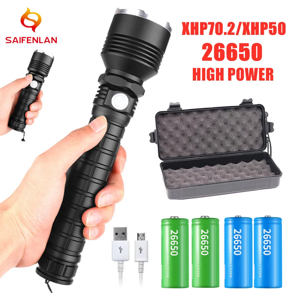 

Powerful LED Tactical Flashlight XHP70 XHP70.2 XHP50 USB Rechargeable Super Bright Waterproof Zoomable Torch for Camping, Hiking