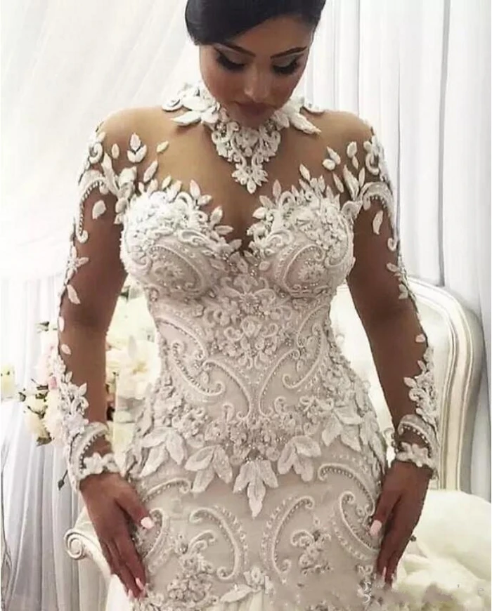 

2020 Mermaid Wedding Dresses Nigeria High Neck Full Back Dubai Arabic Castle Bridal Gowns Plus Size Long Sleeve Wedding Dress