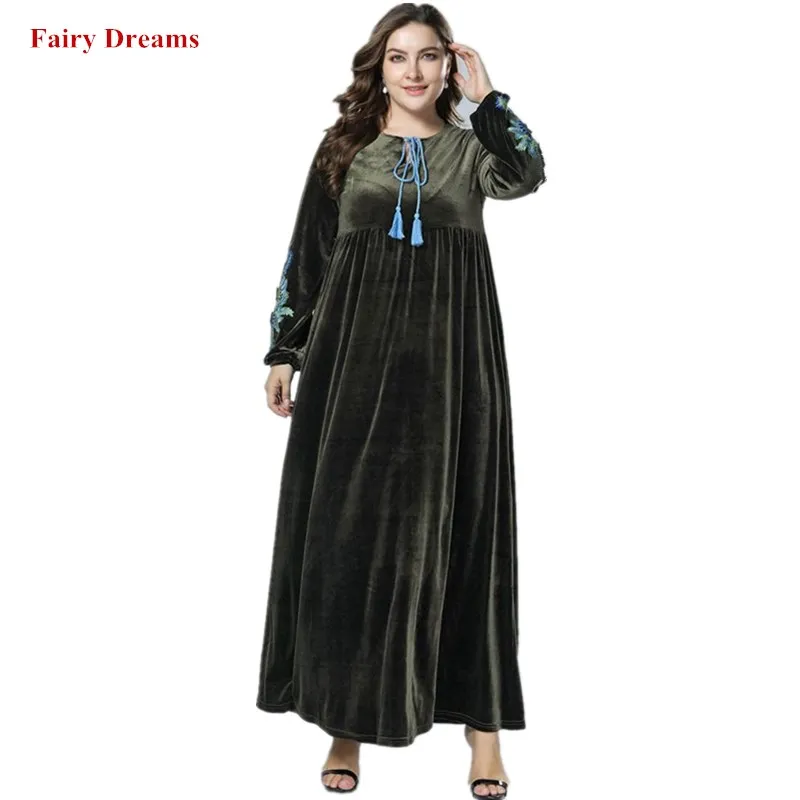 Женское бархатное платье с вышивкой Abaya зеленое платье-кафтан в мусульманском