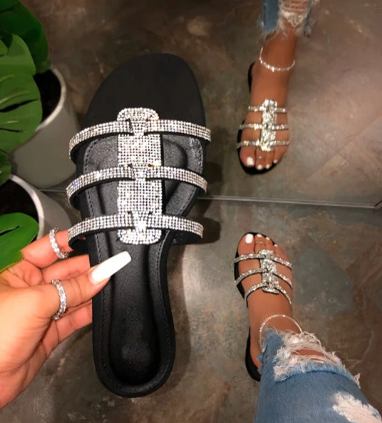 NAN JIU/женские сандалии со стразами в римском стиле; шлепанцы на плоской подошве; летняя пикантная удобная Пляжная обувь с открытым носком; женская обувь