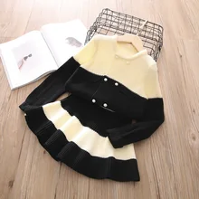 Осень, Новое поступление, модный вязаный костюм в стиле пэчворк для девочек, топ+ юбка, Детский костюм принцессы