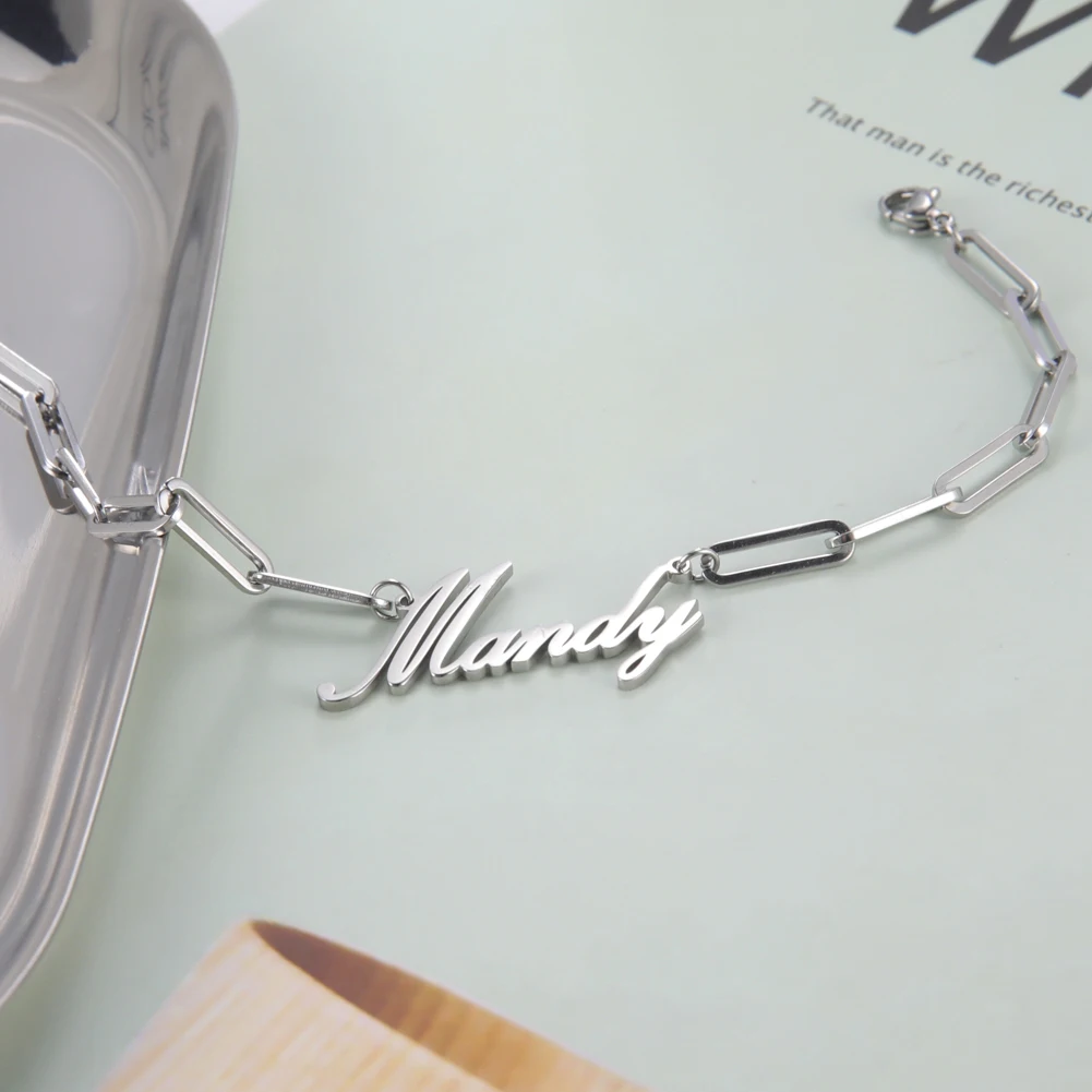 Cazador Custom Name Bracelet Stainless Steel Paper Clip Chain Bracelet for Women Personalized Birthday Mother's Day Jewelry Gift