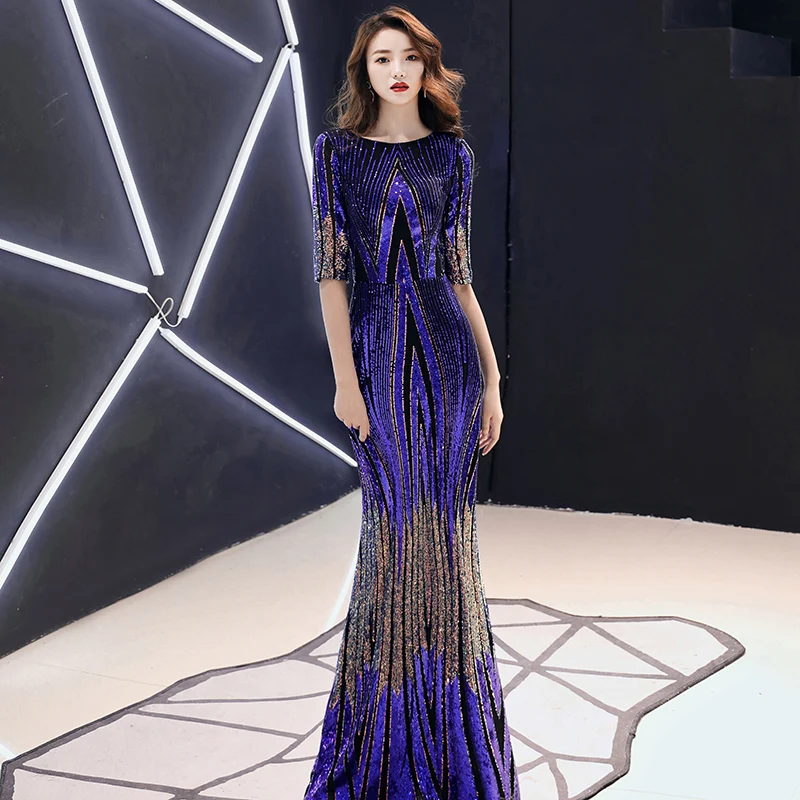 

AE480 New 2019 Formal Evening Dresses O Neck Long Blue Sequined Party Maxi Evening Gown Dress