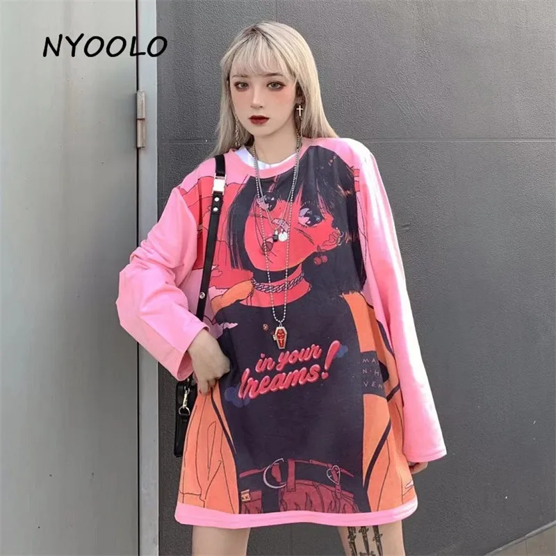 NYOOLO японский Harajuku Винтаж мультфильм аниме девушка печати футболка осень уличная свободная футболка с длинными рукавами для женщин и мужчин Топ