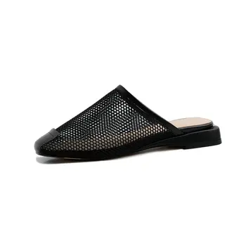 

Women Summer Mules Women Cut-out Mules Black White Round Toe Flat Slides Slip on Outside Sandals Women