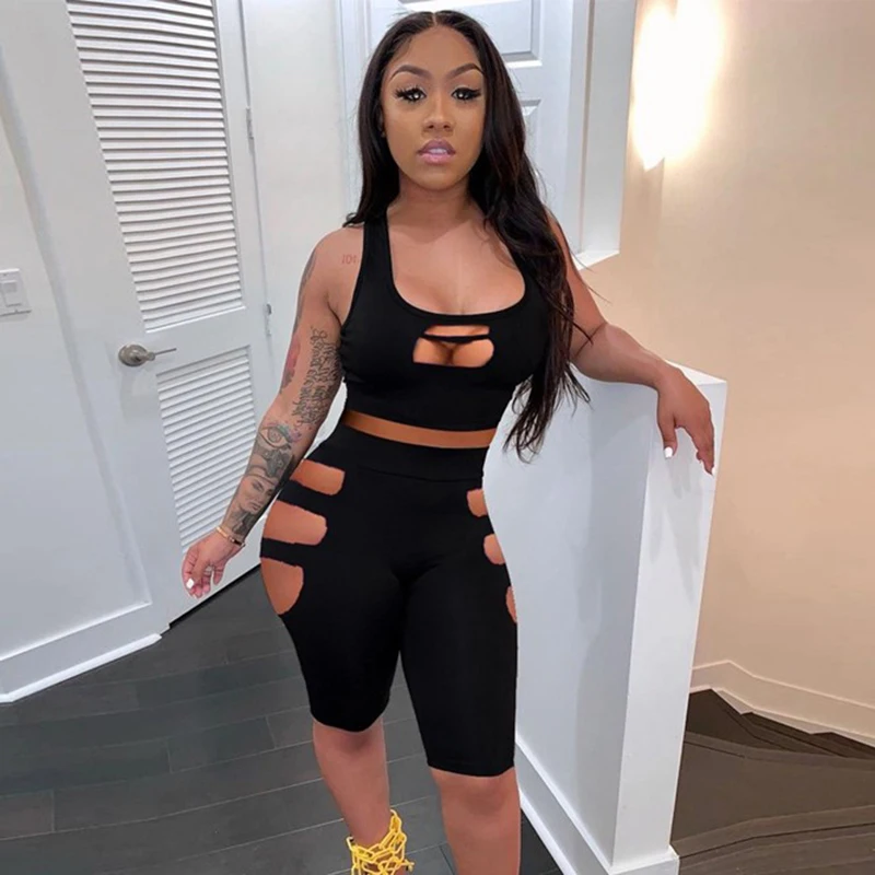 

Летний облегающий пикантный комплект из двух предметов, спортивная одежда, укороченный топ с вырезами и велосипедные шорты, Высокоэластичный облегающий спортивный костюм, женский комплект