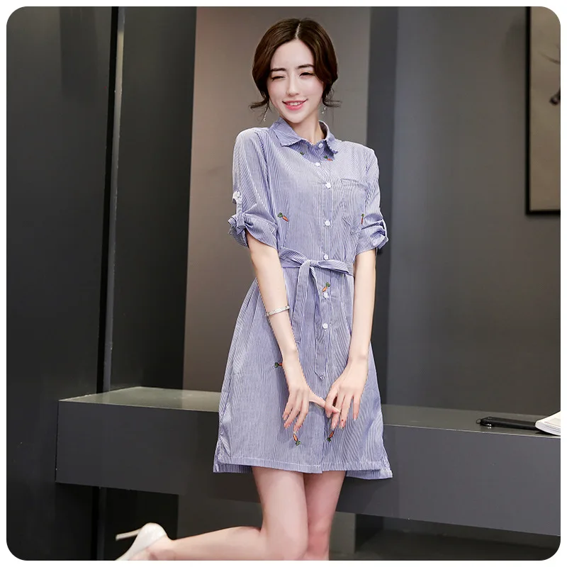 

Waist Hugging Three-quarter-length Sleeve Single-Breasted Striped Dress Slim Fit Slimming 2019 Spring New Style Sweet Hipster WO