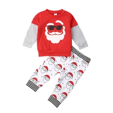 Новинка года, футболка с длинными рукавами и Санта-Клаусом для маленьких мальчиков и девочек топы, длинные штаны, брюки комплект рождественской одежды из 2 предметов