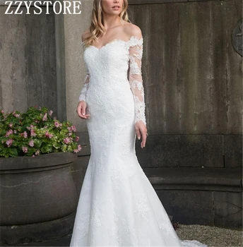 

Exquisite White Zipper Up WIth Buttons Mermaid Wedding Dresses With Beaded Lace Appliques Dropped Long Sleeves Bridal Dresses