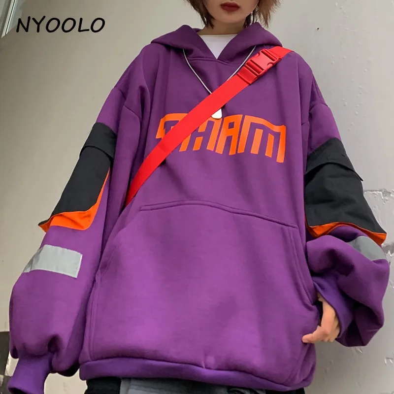 NYOOLO Harajuku дизайн с буквенным принтом большие карманы Лоскутная функция карго толстовки осень зима плюс бархат с капюшоном пуловеры толстовка женская мужская одежда топы
