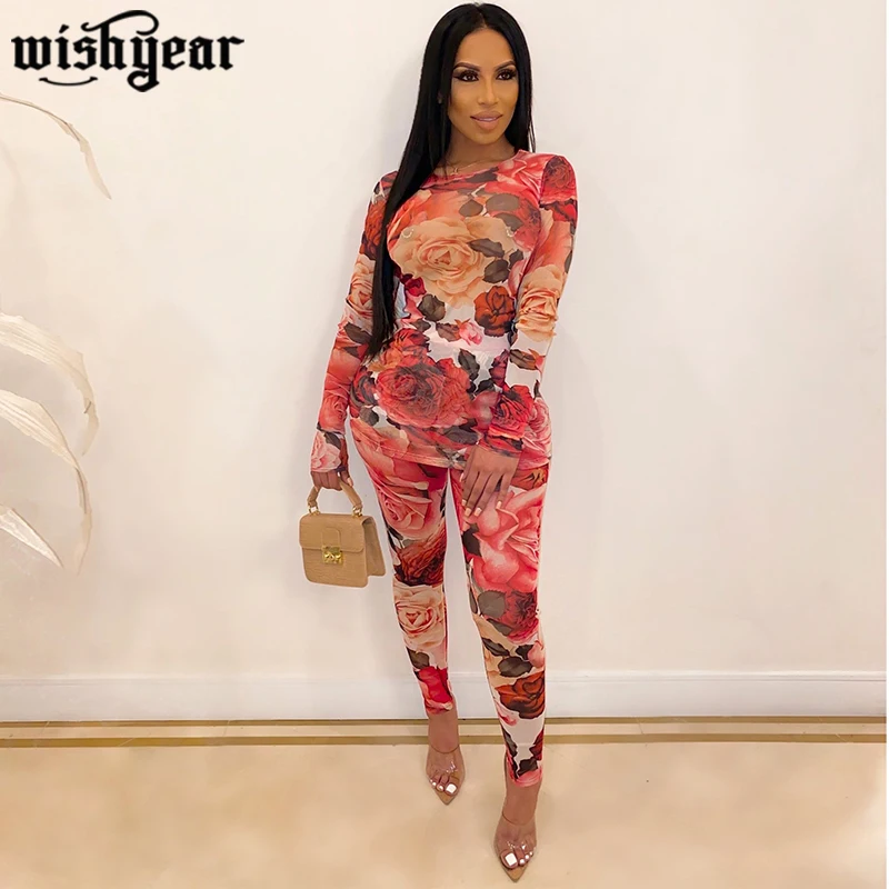 

Floral Print Mesh Tracksuits Autumn Women's Set O Neck Long Sleeve T Shirt Top+ Pencil Pants Women Fashion Sportswear Outfits