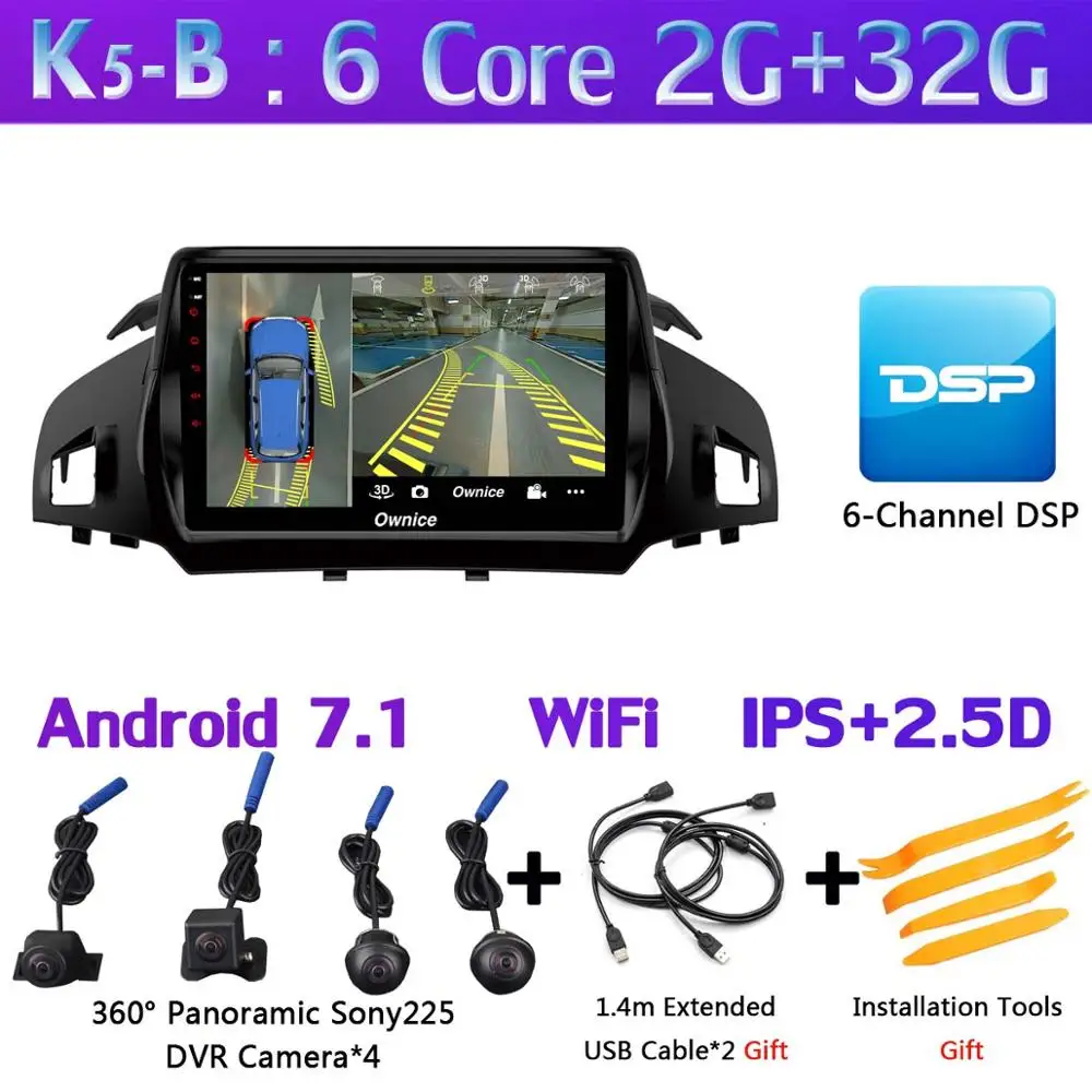 K5-B 360 ° панорамная 4 × камера 4G LTE Android 9,0 4G+ 64G SPDIF DSP CarPlay автомобильный мультимедийный плеер для Ford Kuga 2013- C-Max gps радио - Цвет: K5-B
