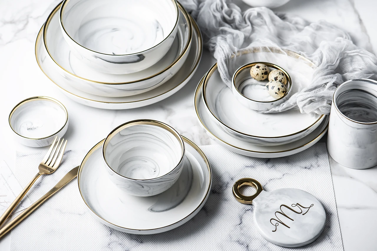 European Glod Marble Ceramic Dinner Dish Plate Rice Salad Noodles Bowl Soup Plates Dinnerware Sets Tableware Kitchen Cook Tool