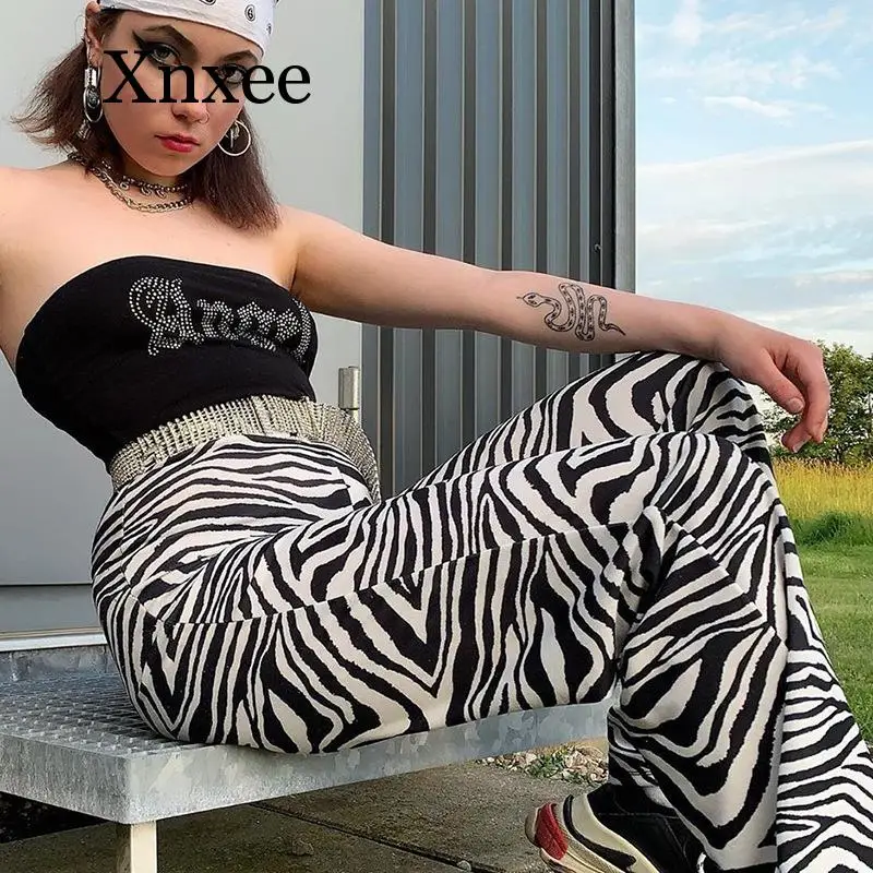 

Zebra Animal Print Wide Leg Pants Women Fall Winter Casual Trousers Sexy High Waist Bell Bottom Pants wid leg pants halem cool