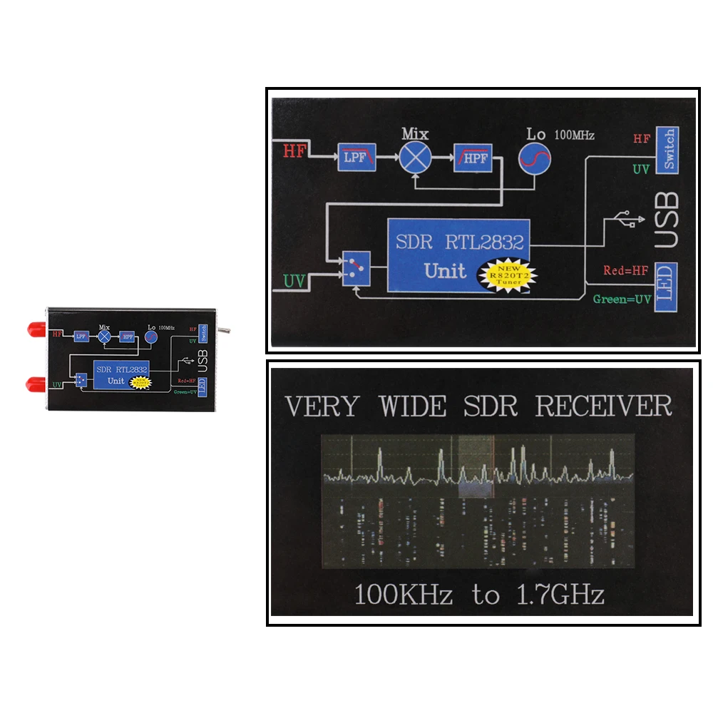 

RTL-SDR Upconverter USB Tuner Receiver RTL2832U+R820T Tu 100KHz-1.7GHz Full Band