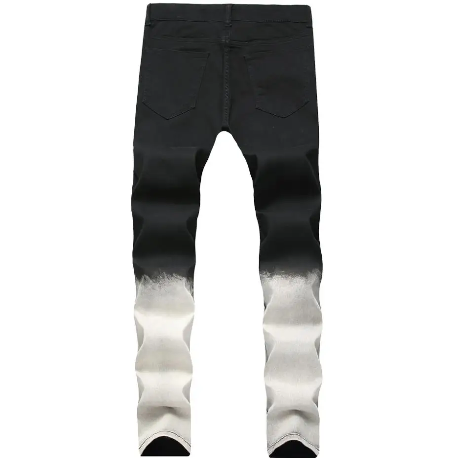 Men's Fashion Rose Embroidery Jeans Straight Fit Ripped Hole Stretch Denim Pants For Man Contrast Color Black Casual Trousers