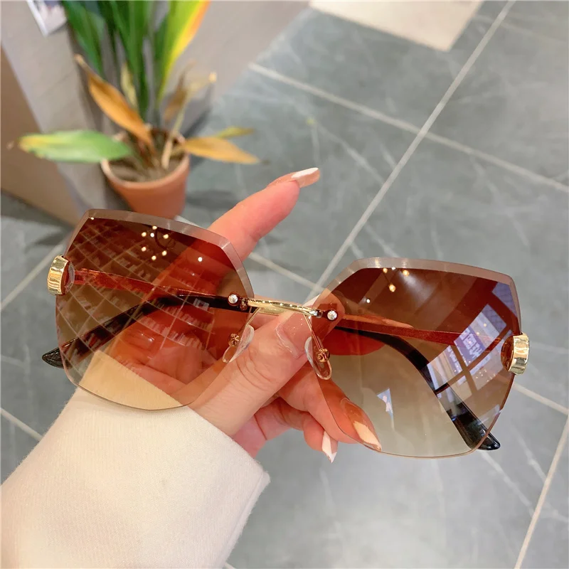 Luxury Clip Square Sunglasses For Women 2021 Fashion Retro Rimless Vintage Design Shades Sun Glasses Metal Golden Blue Glass sunglasses for women