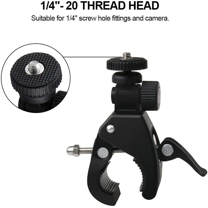 Adaptateur rotatif 360° du support de guidon pour caméra d'action, montrant la pince 1/4 pouce et les axes de rotation