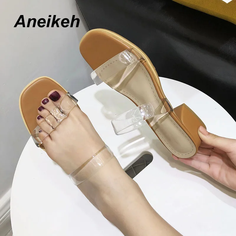 

Aneikeh 2020 Sexy Serpentine PVC Jelly Peep Toe High Heel Slippers Summer Fashion Slip On Square Heel Slides Leisure Women Mules