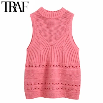 

TRAF Women Sweet Fashion Hollow Out Knitted Vest Sweater Vintage O Neck Sleeveless Female Pullovers Chic Tops