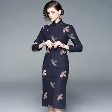 Шерстяной Чонсам для женщин, осень и зима, стиль, вышивка, Ретро стиль, толстый, для повседневной жизни, улучшенная, средняя длина, для женщин среднего возраста