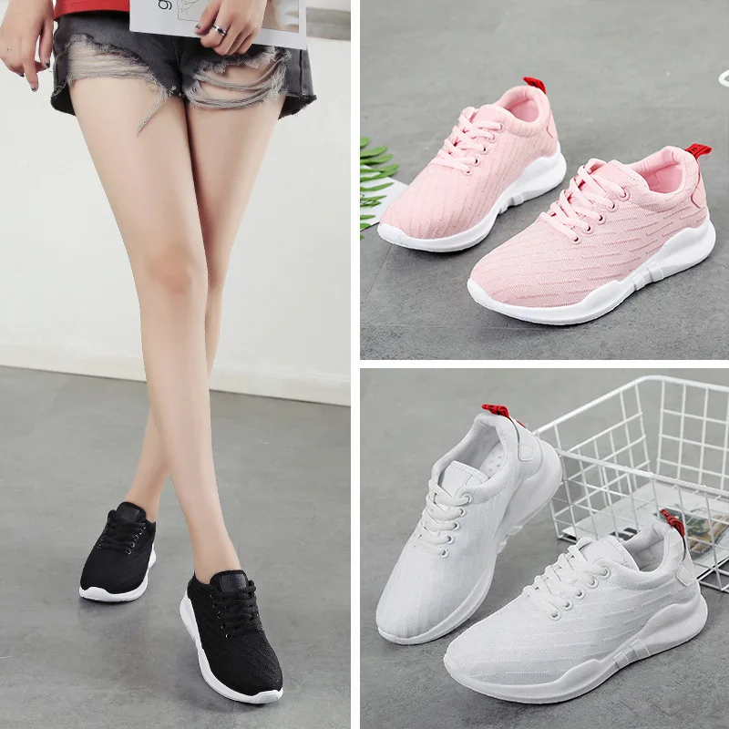 

2019 WOMEN'S Shoes New Style Korean-style Lace-up Running Sports Footwear Comfortable Breathable Fly Woven White Shoes