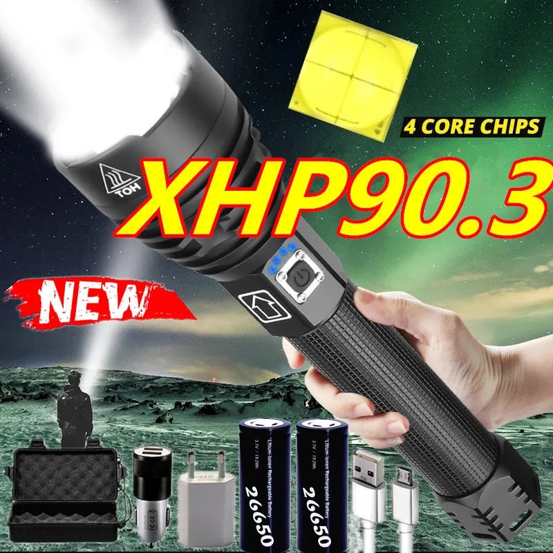 

600000LM Brightest XHP90.3 XHP70 Rechargeable LED Flashlight Powerful Torch Waterproof Zoom Hunting Light Use 18650 26650 Battey