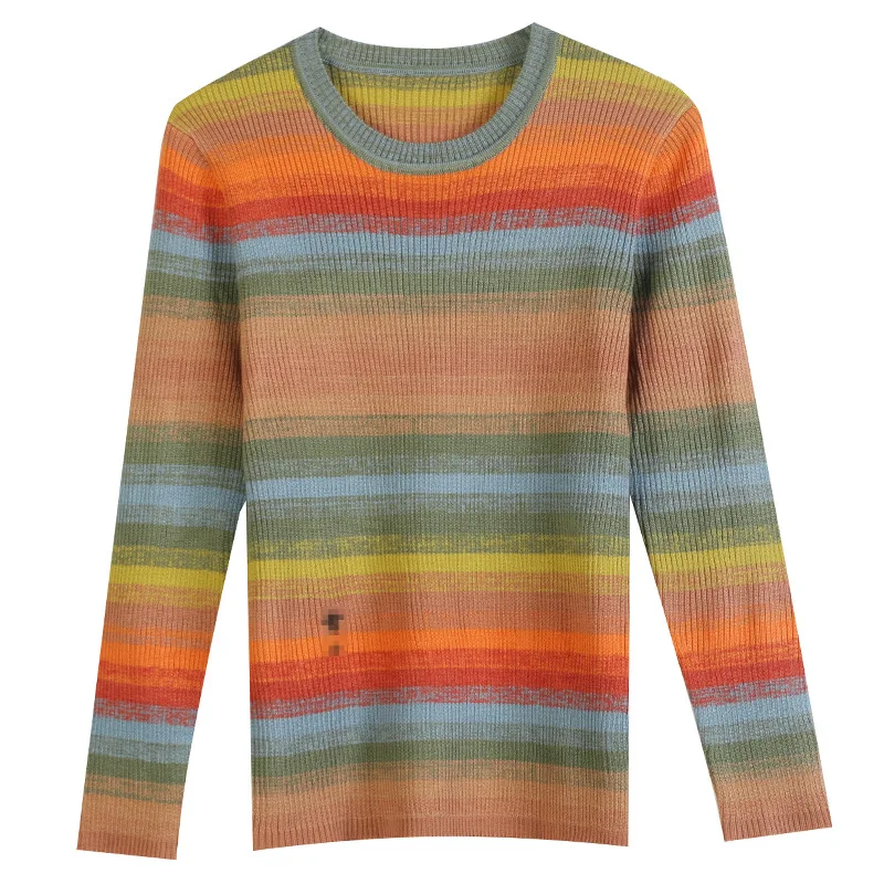 GRUIICEEN long sleeve spring new woman sweaters pullovers round neck rainbow pattern slim top | Женская одежда