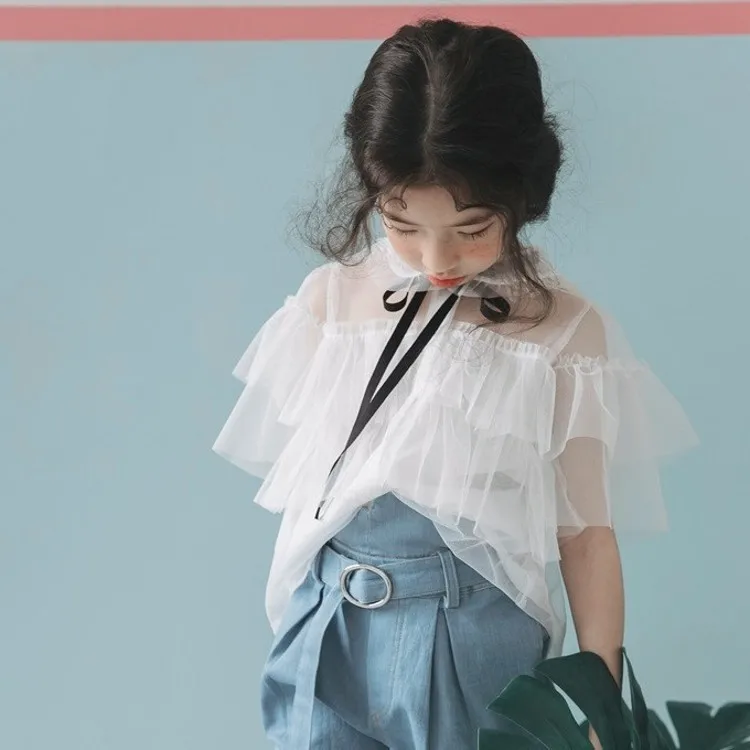 

2019 Summer Childrenswear Strawberry Shan Xian Qi Mock Two-Piece Shirt Bow Girls Sweet Elegant Short Sleeve T-shirt