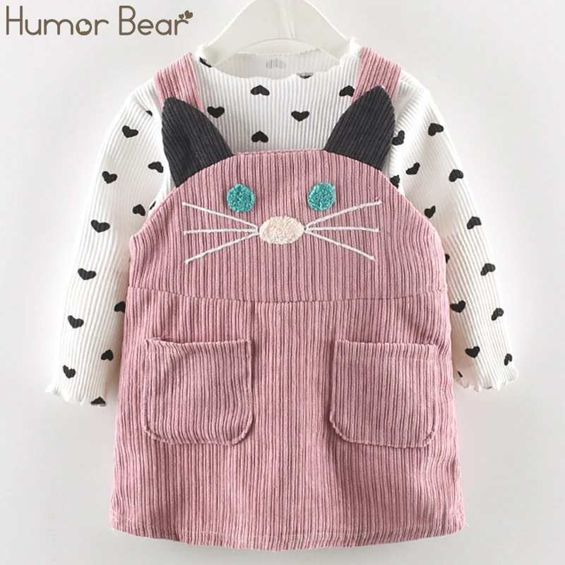 

Humor Bear children Clothing Girl Dress Spring Autumn Cotton Bow Long Sleeve Party Fake Two Dress Cute infant Baby Girls Clothes