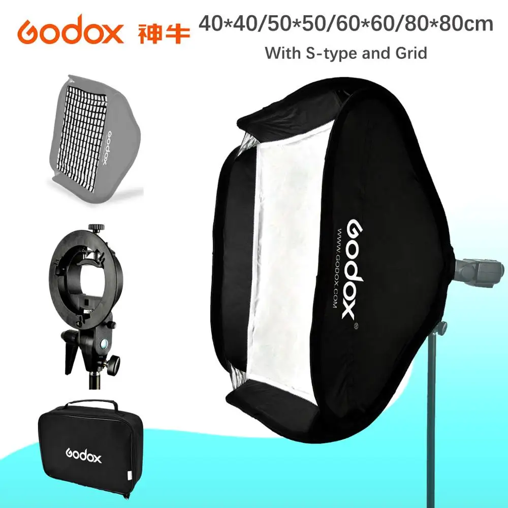 

GODOX 40x40/50x50/60x60/80x80cm Softbox with Grid S Type Bracket Stable Bowens Mount Flash Bracket Mount Foldable Softbox Kit