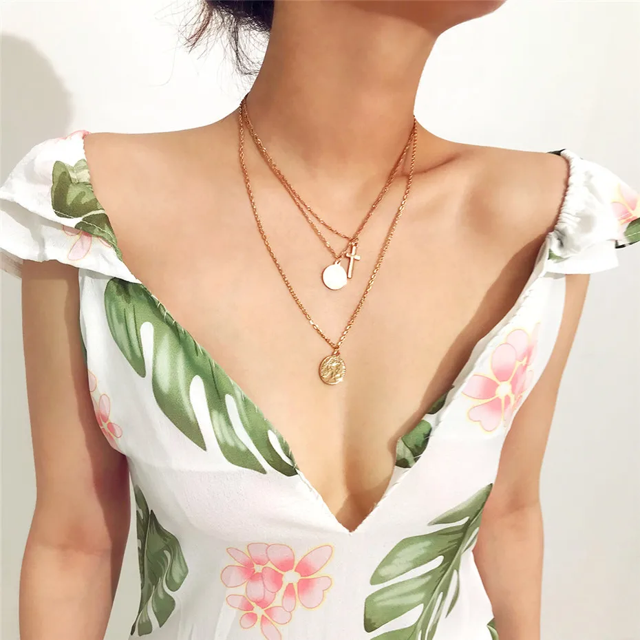 Vintage Queen Cross Coin Layered Necklace Close Up