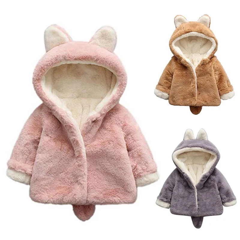 Теплая верхняя одежда с капюшоном для девочек; пальто с мехом для младенцев; сезон осень-зима; плотные куртки для маленьких девочек; милый комбинезон с кроликом; Одежда для новорожденных