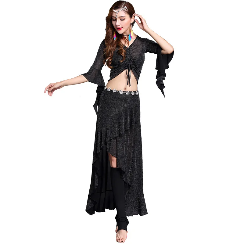 Женский набор костюма для танца живота с волнистым краем и рукавом-бабочкой для танца живота, тренировочная одежда, раздельная юбка, женский топ+ юбка, костюм для танцев - Цвет: Black