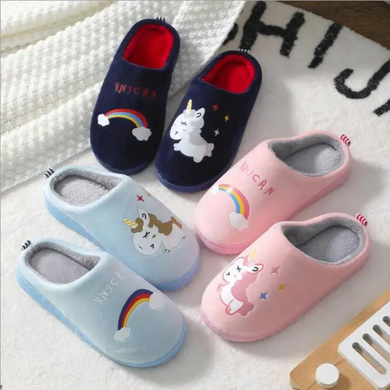 Zapatillas de unicornio de invierno para niños pequeños, chanclas de niña, zapatos de interior de algodón, pantuflas cálidas y esponjosas