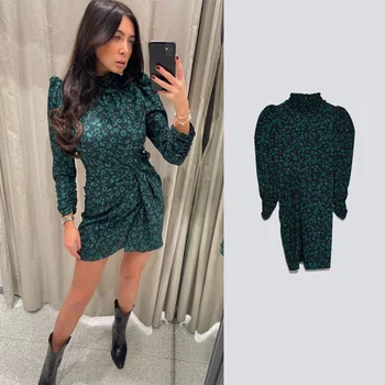 

2020 ZA Spring Printed Floral Mini Dress Women Turtleneck Long Sleeve Green Short Party Dress Elegant New Slim Fashion Boho Chic