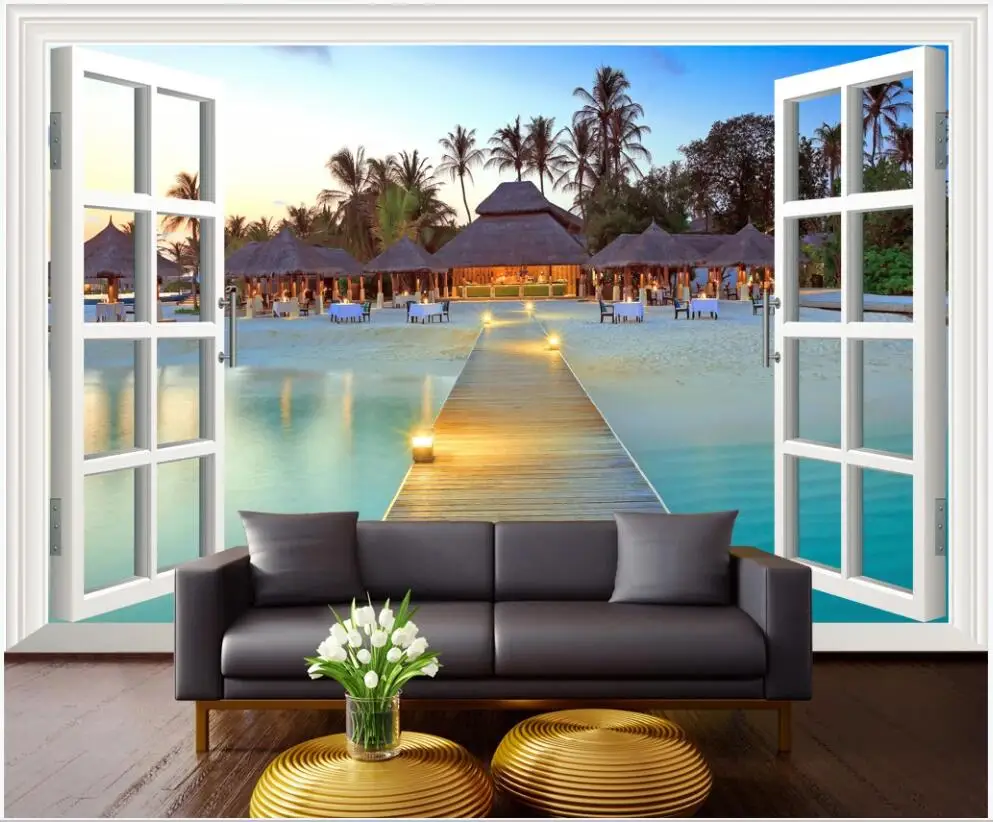 Custom mural 3d photo wallpaper Seaside wooden bridge house beach scenery living room Home decor for wall 3 d | Обустройство дома