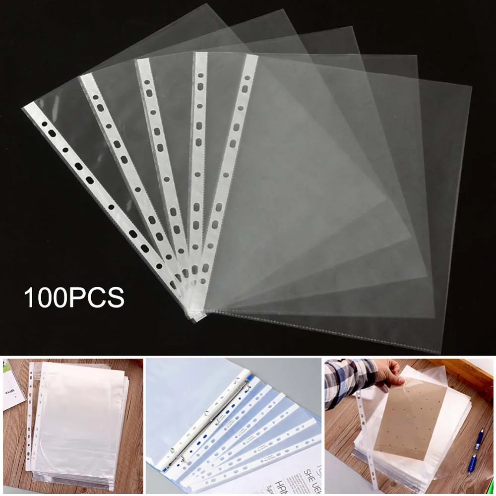 

100pcs A4 Clear File Foler Plastic Punched Pockets Folders Filing Thin 11Holes Loose Leaf Office Documents Sheet Protectors