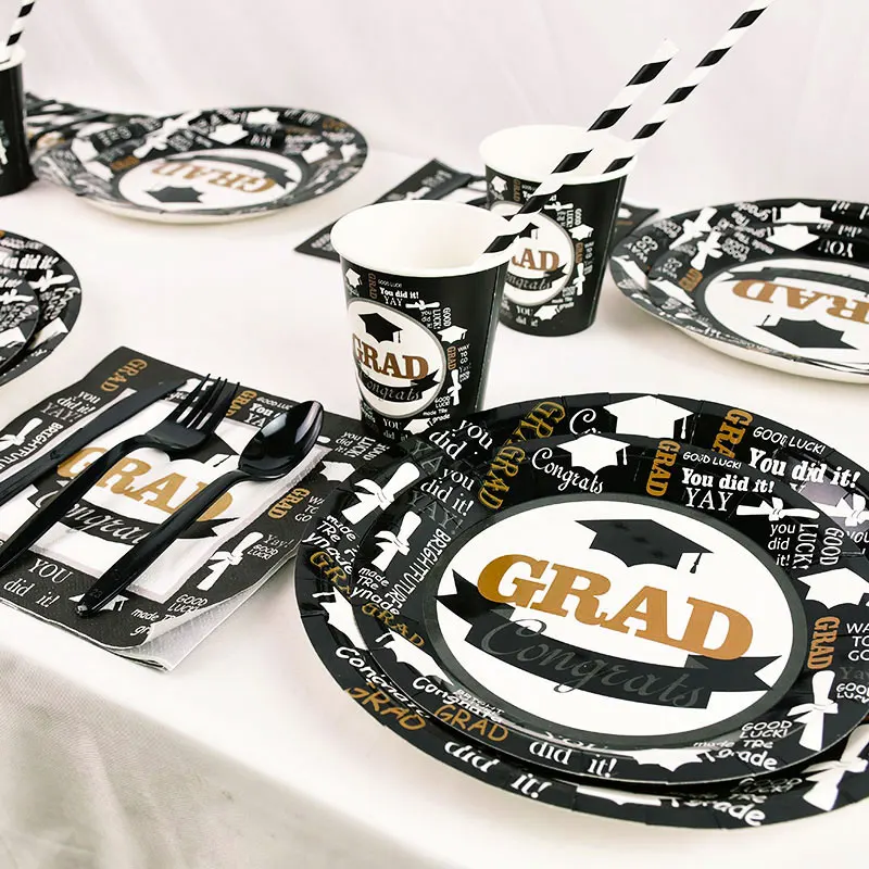 Congratulations Graduation 2021 Disposable Tableware Black Doctor Hat Print Paper Plate Cups Napkins graduation party decoration