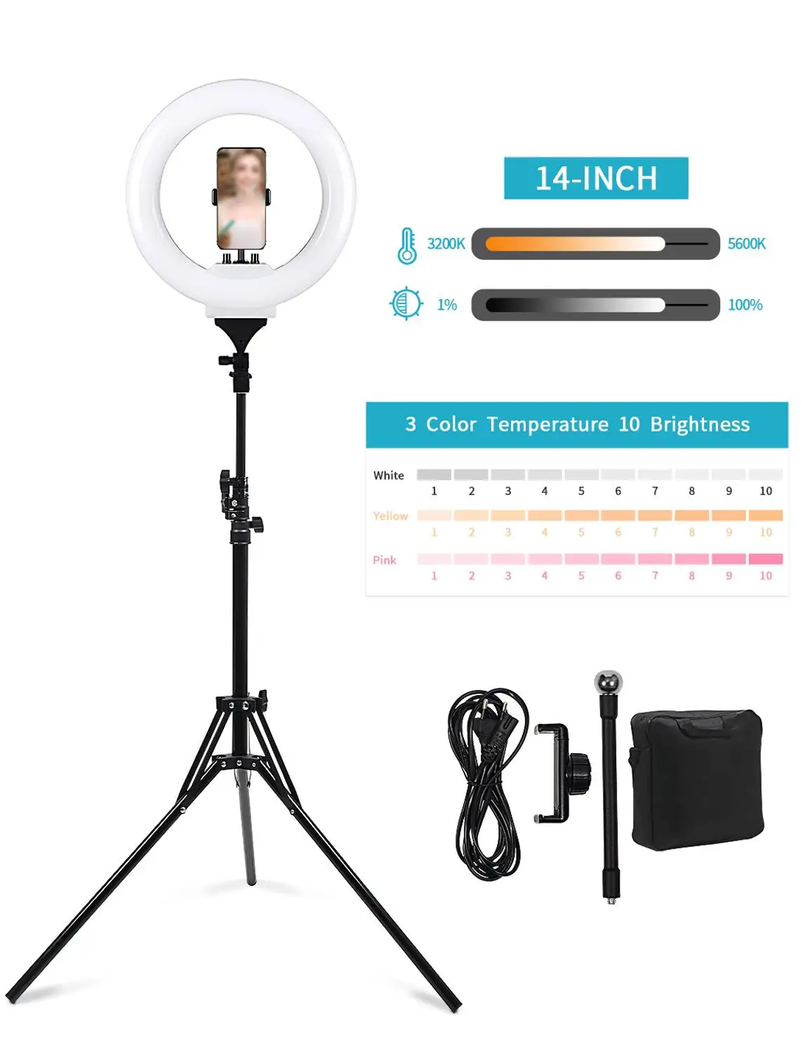 

LED Ring Light Photo Studio 14 inch Dimmable Selfie Lamp 3200-5600K with 2M Tripod Phone Holder for Youtube Live Video Photo